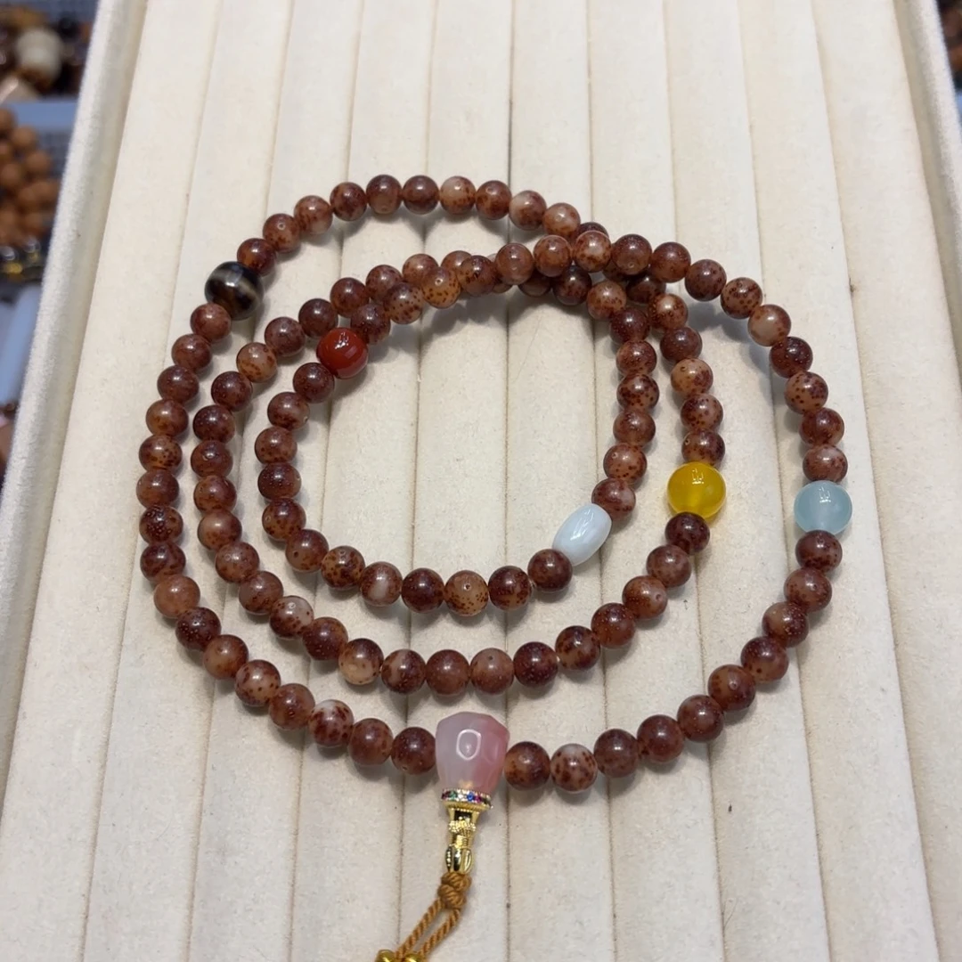 白玉菩提吊坠粉皮星月108