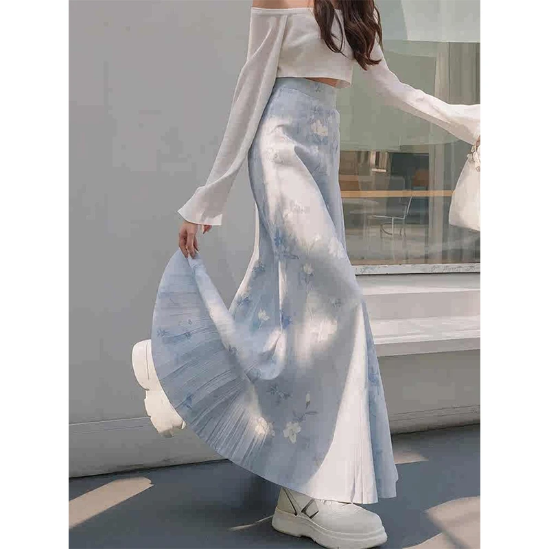 2025年超火浅蓝色印花高腰a字半身裙女减龄气质多巴胺绝美鱼尾裙