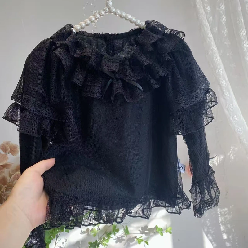 女童双层蕾丝花边袖子黑色打底衫洛丽塔洋气内搭春秋款百搭上衣