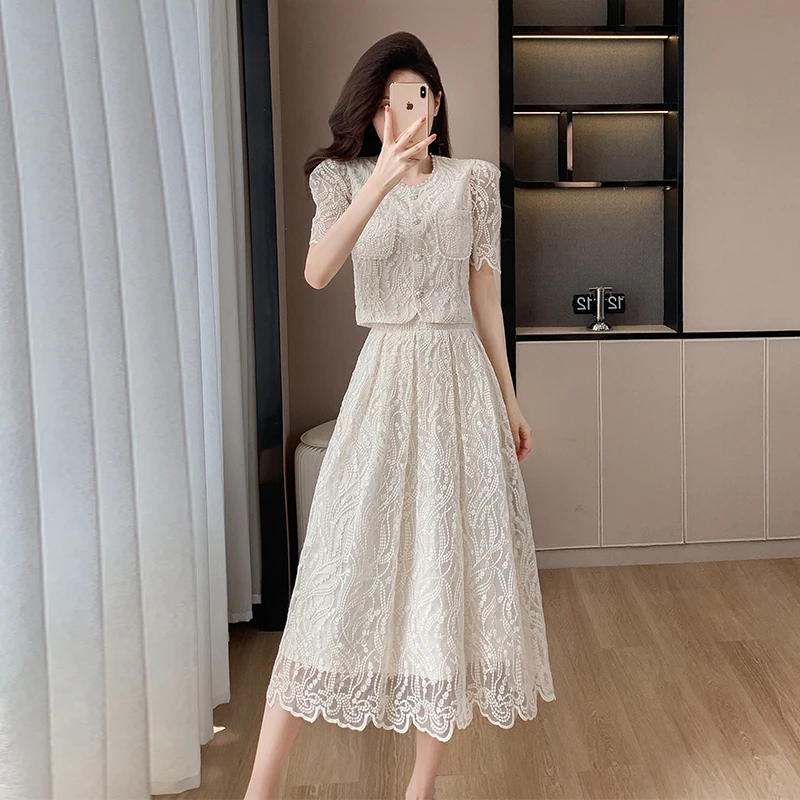 高级感名媛小香风钉珠水溶蕾丝短款上衣高腰大摆中裙套装法式优雅