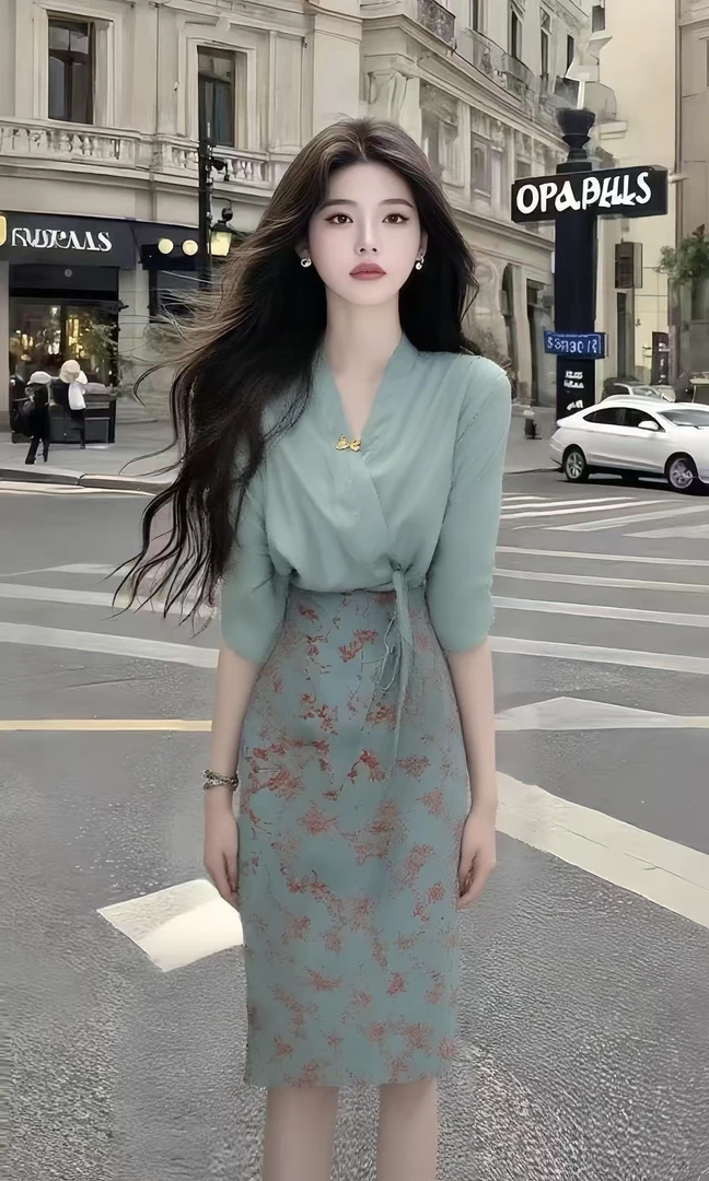 温柔知性风轻奢高端气质穿搭绿色V领上衣+绿色碎花包臀半身裙套装