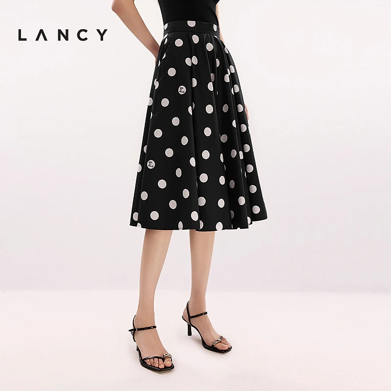 LANCY/朗姿2025夏季新款波点大摆高腰A字伞裙气质优雅中长半身裙