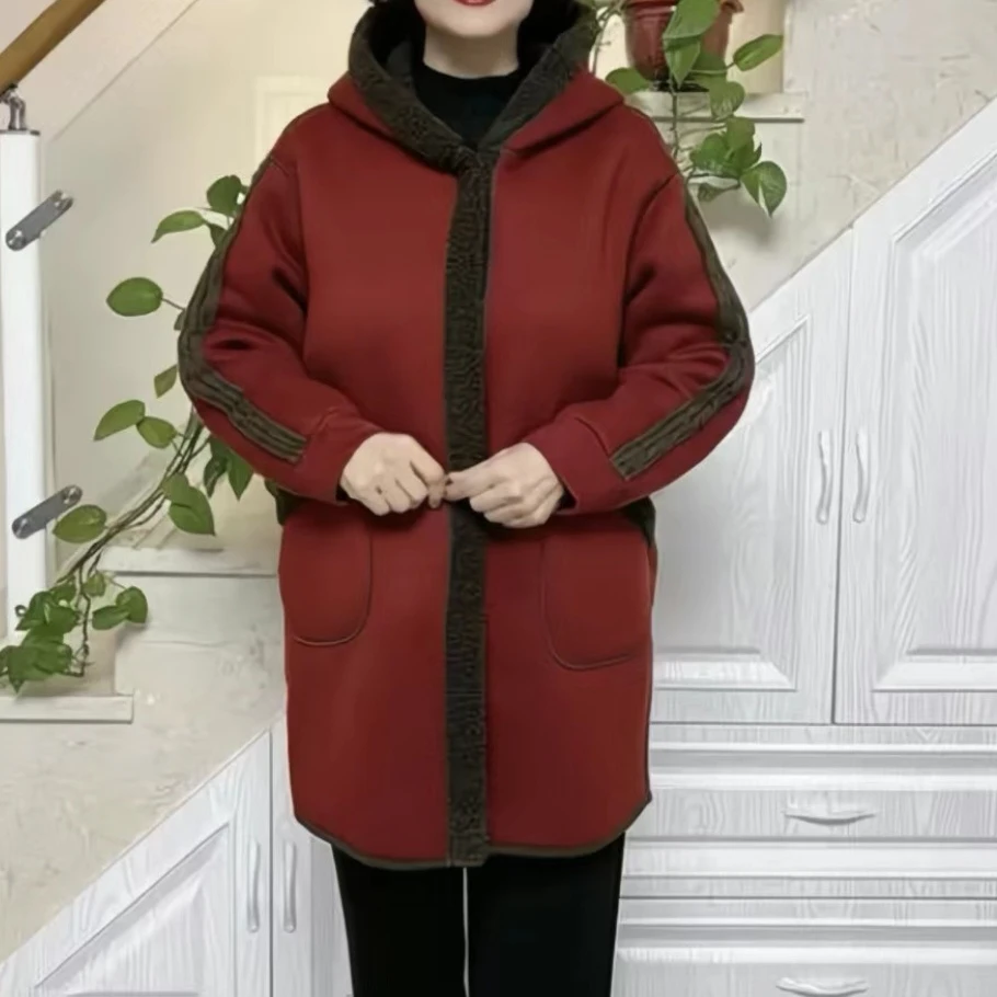 妈妈冬装加绒加厚保暖两面穿时尚宽松连帽休闲外套大衣