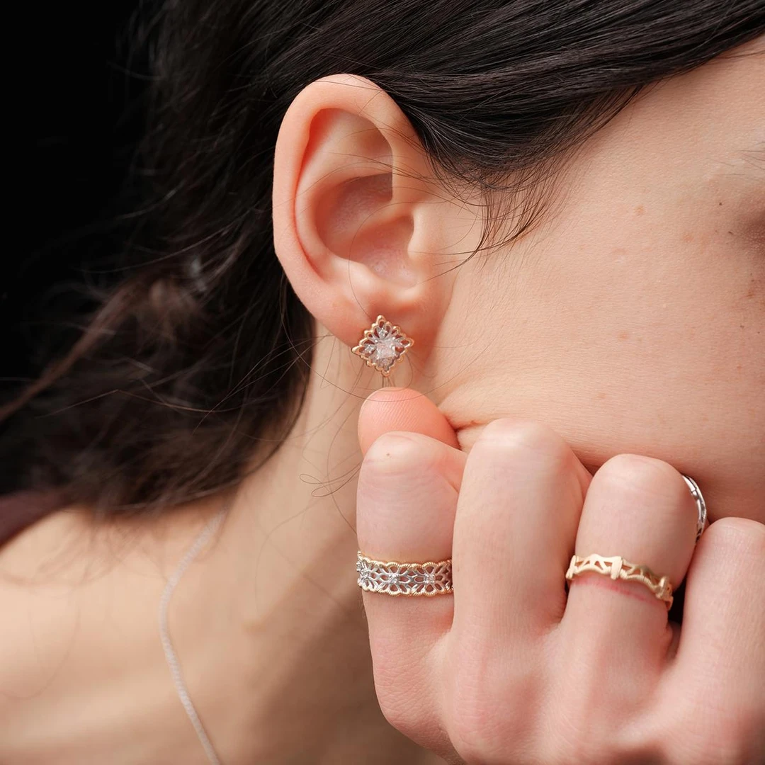 sanswood 925银耳饰 森吾《末路狂花》方形蕾丝花朵精致磨砂耳饰