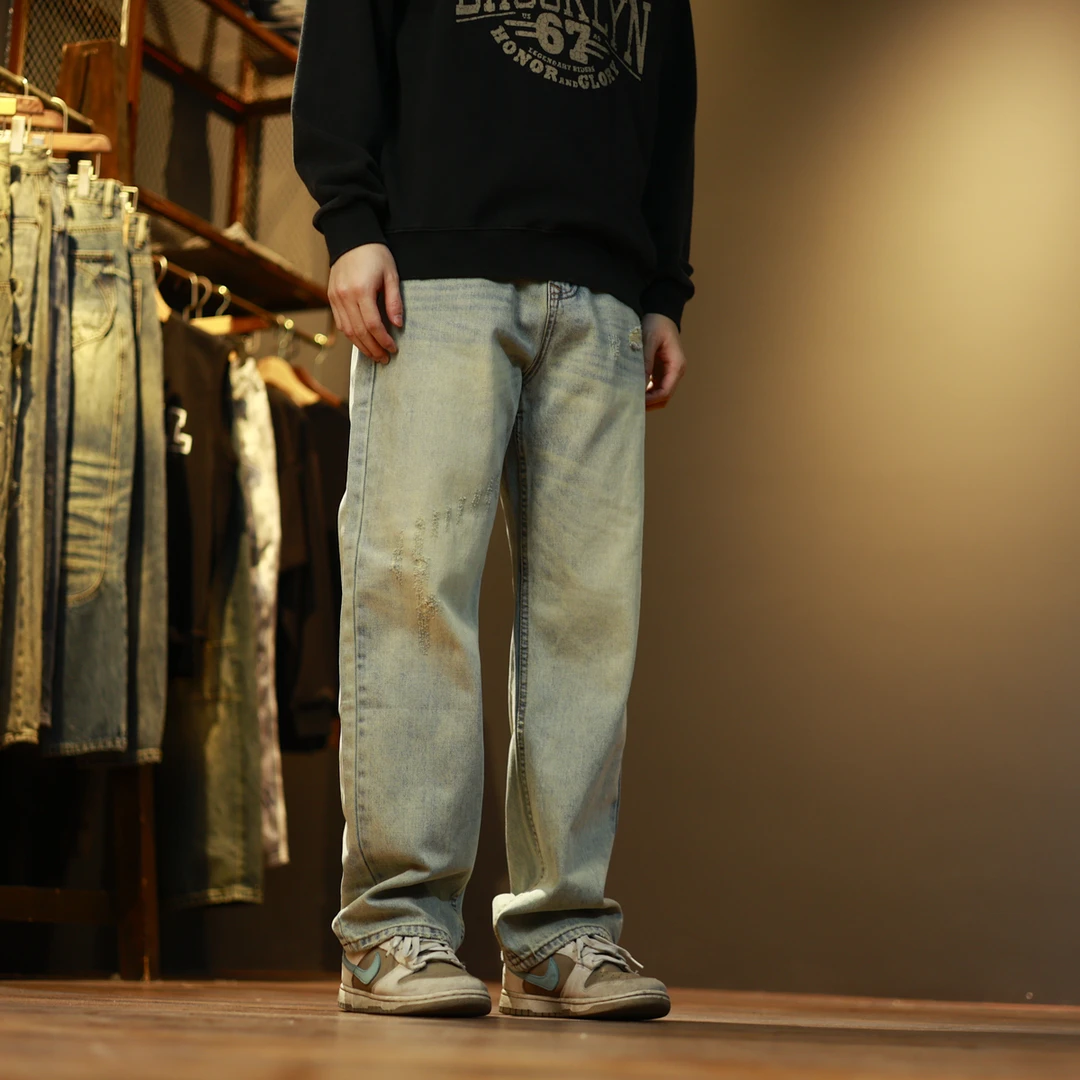 9203直筒复古宽松水洗做旧休闲日系直筒牛仔裤