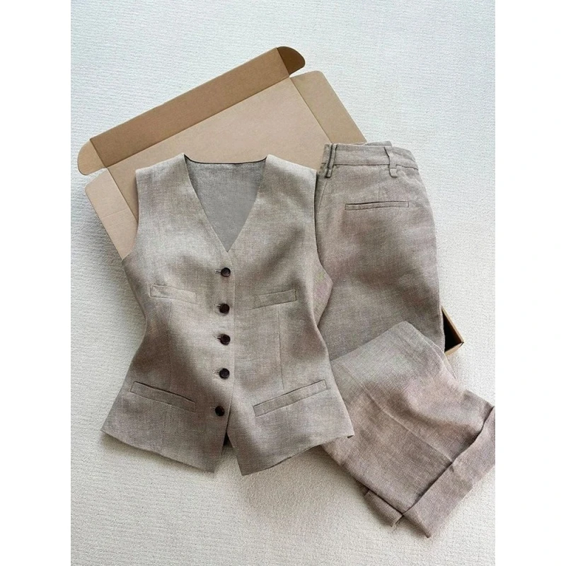 2025超火夏装老钱风高级松弛感休闲卡其色百搭马甲裤子两件套装女