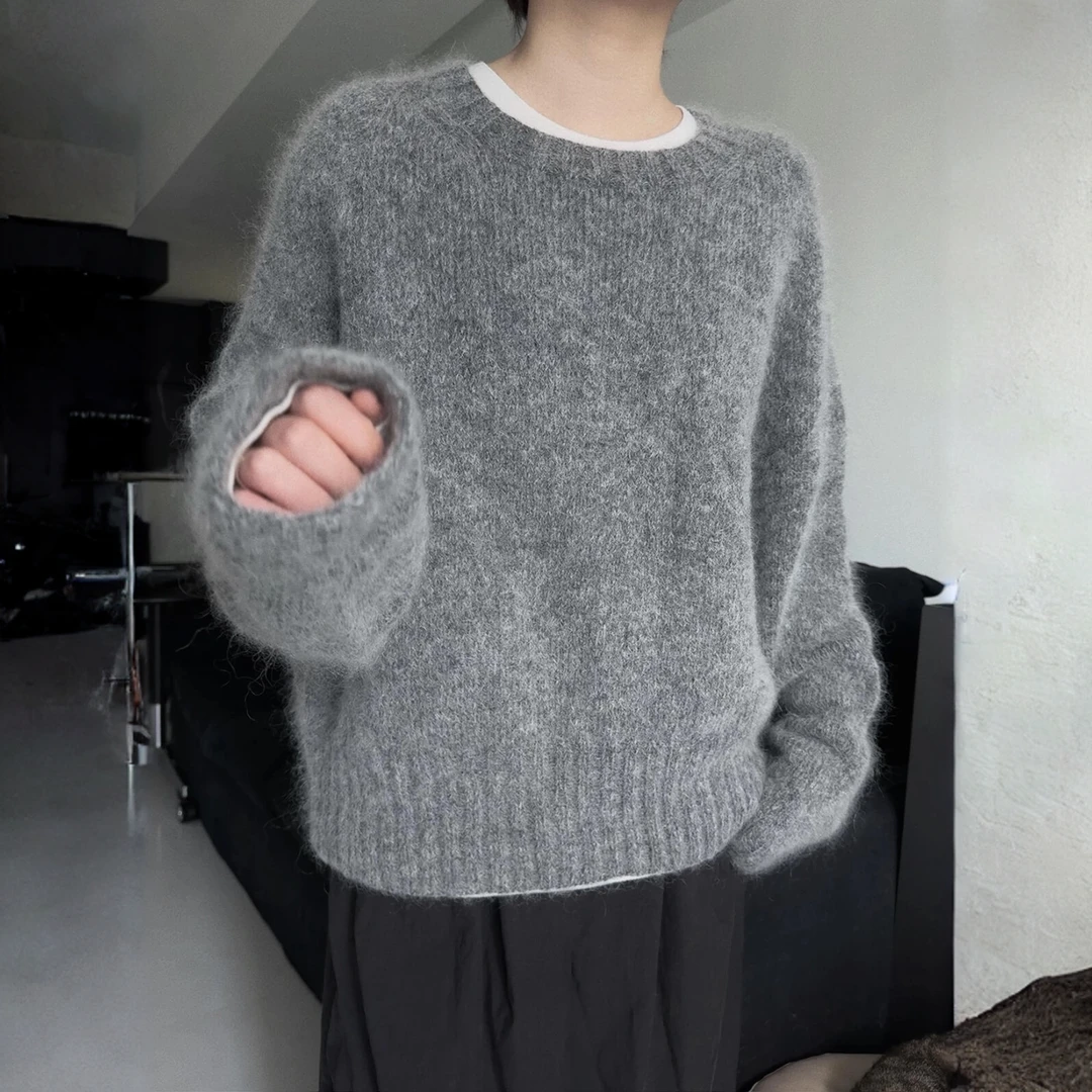 100%羊毛针织衫女韩版秋冬厚款宽松慵懒松弛感灰色圆领毛衣打底衫