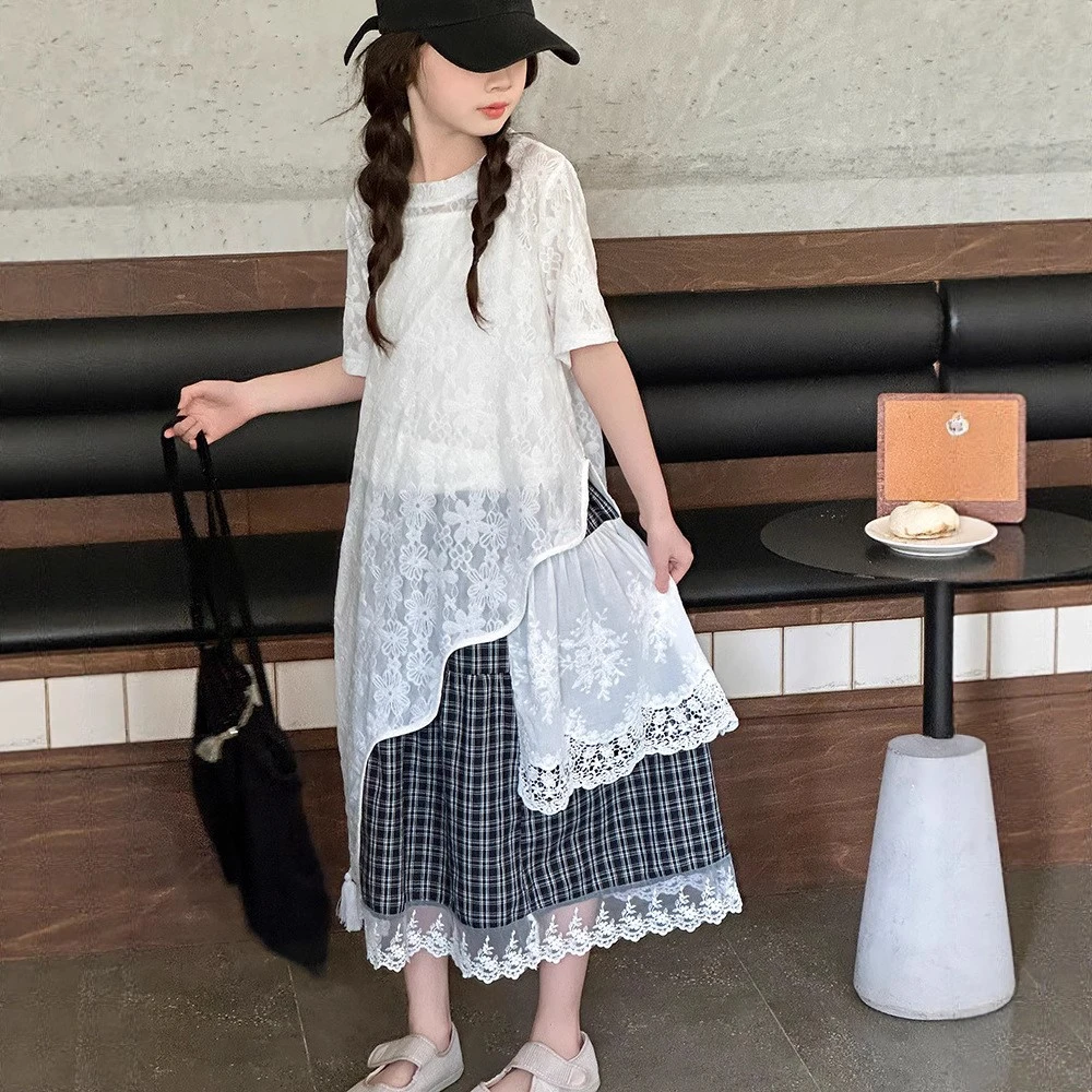 女童法式t恤不规则连衣裙套装大童2025新款独特绝美半身裙三件套