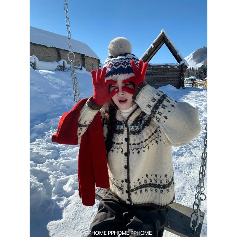 复古艺术生 重工加厚费尔岛毛衣冬季保暖连帽外套开衫