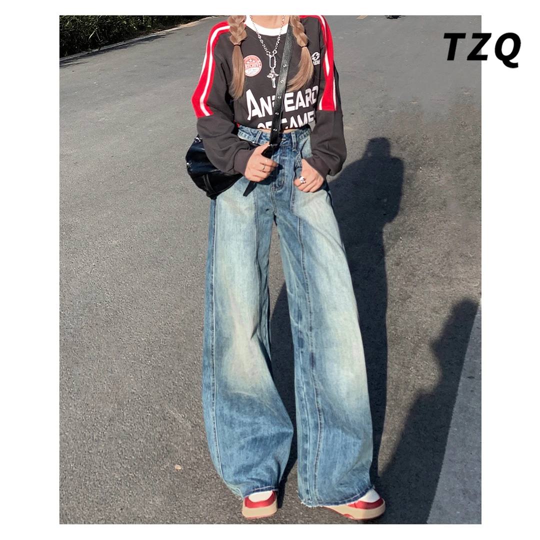 复古蓝水洗弯刀牛仔裤女夏2025高腰毛边磨白宽松阔腿裤TZQ2560542