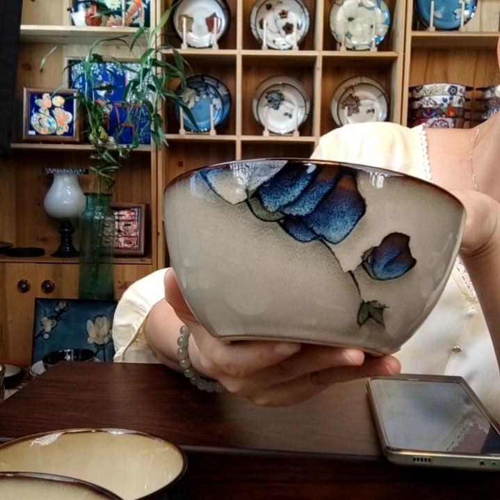 瓷片小可陶瓷高温釉下彩一组四只面碗