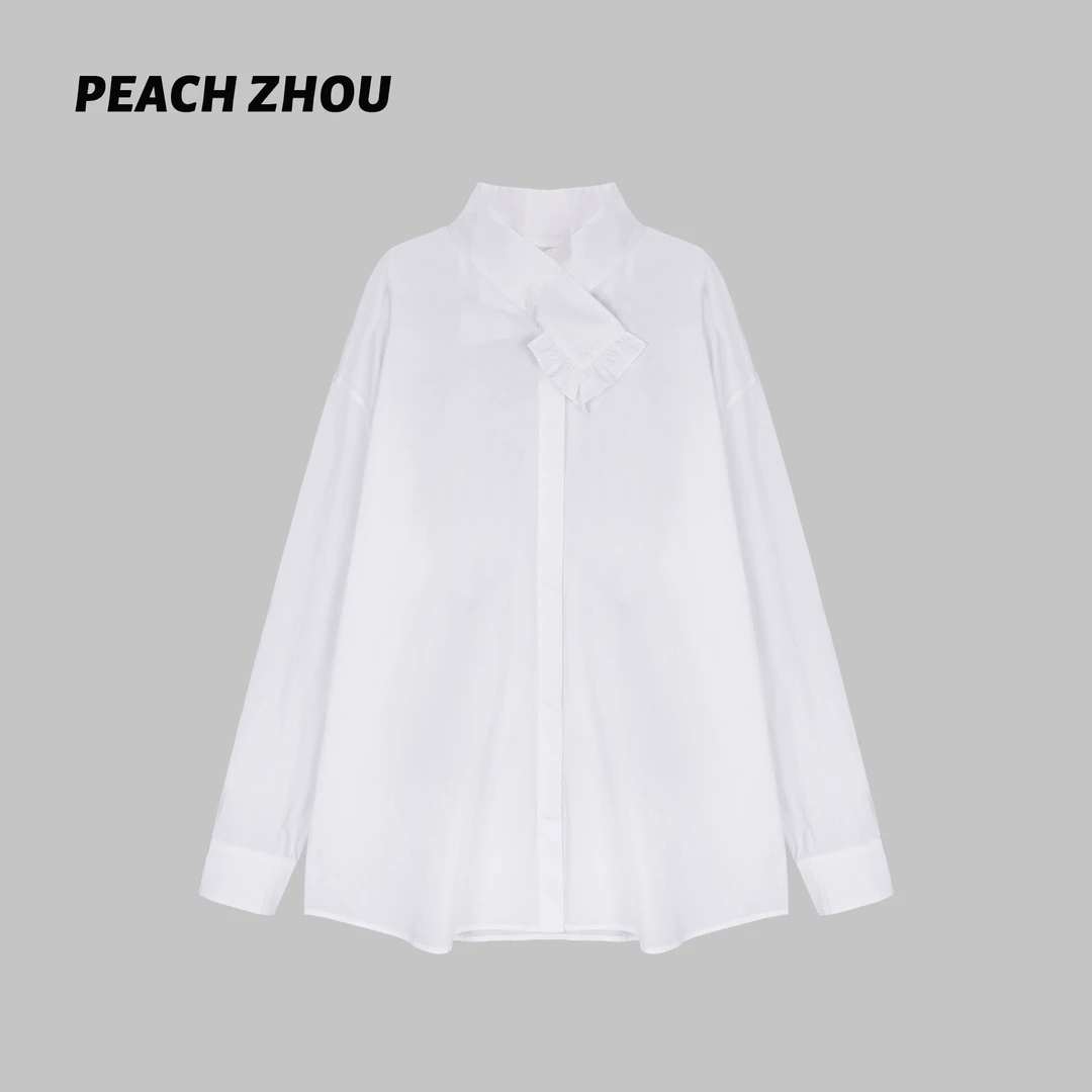 『PEACHZHOU』木耳边交领法式高级感宽松长袖衬衫气质设计感上衣女
