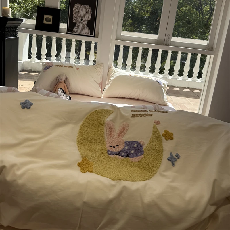 易安阁100s磨毛毛巾绣月亮妮可兔四件套1.5m1.8米秋冬保暖加厚
