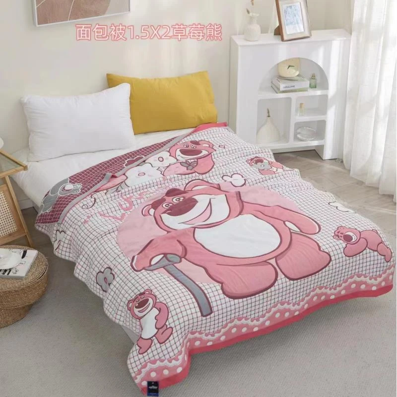 专享【京かわ会社】150*200cm 纯棉十层纱布面包被 格子草莓熊