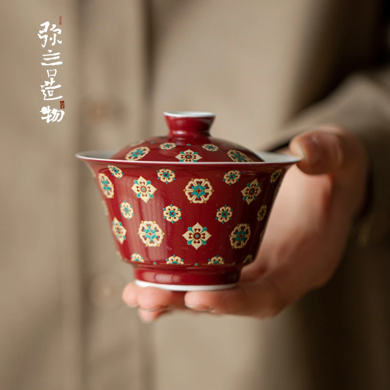 弥言郎红琵琶纹盖碗纯手工陶瓷泡茶碗茶杯复古国潮功夫茶具不烫手