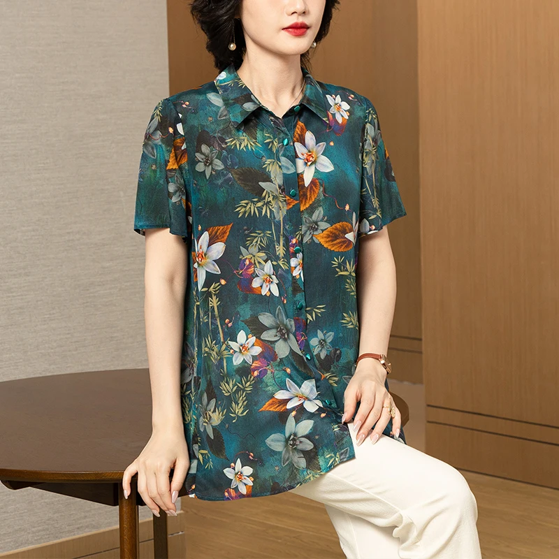 宽松真丝衬衫女夏季新款时尚印花短袖高级洋气妈妈桑蚕丝上衣漂亮