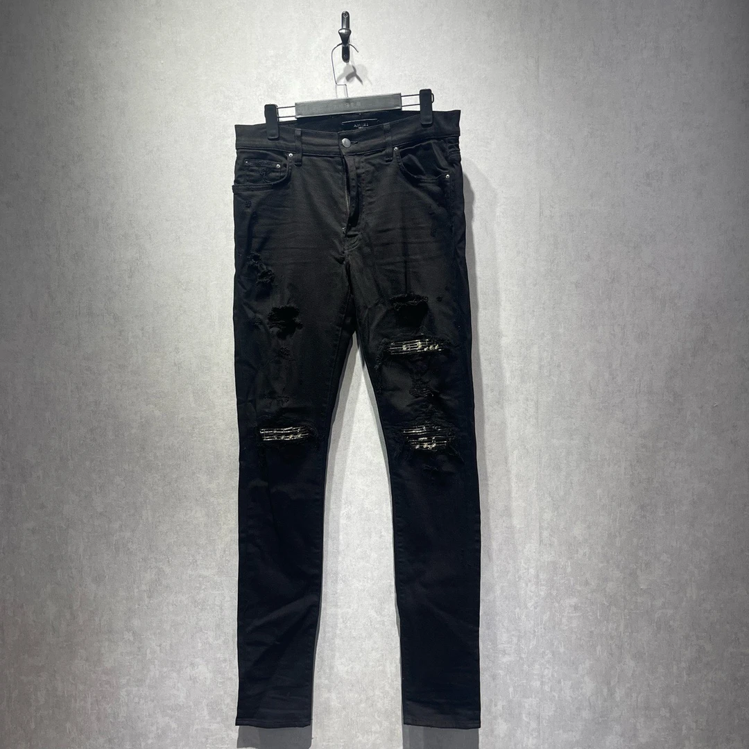 99新  Amiri 音乐串珠破洞图案牛仔长裤/33码/DY213794