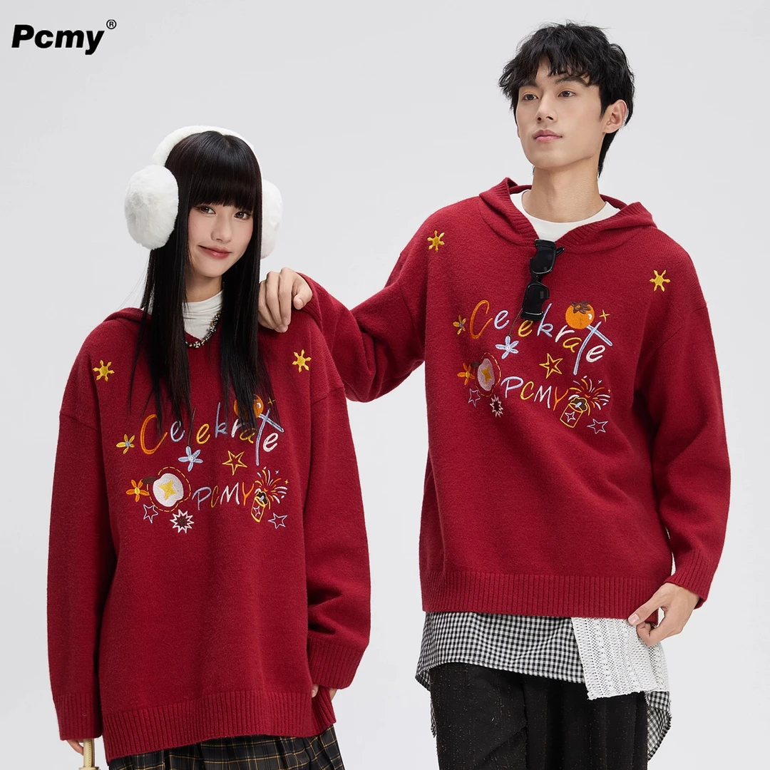 PCMY好柿花生刺绣连帽针织衫情侣装新年红色本命年马年慵懒风毛衣