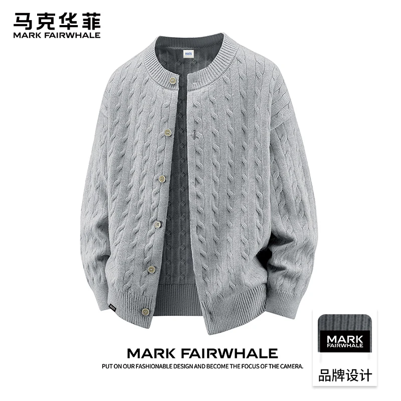 马克华菲绞花纹开衫毛衣男款秋冬季加厚宽松慵懒风圆领针织衫外套