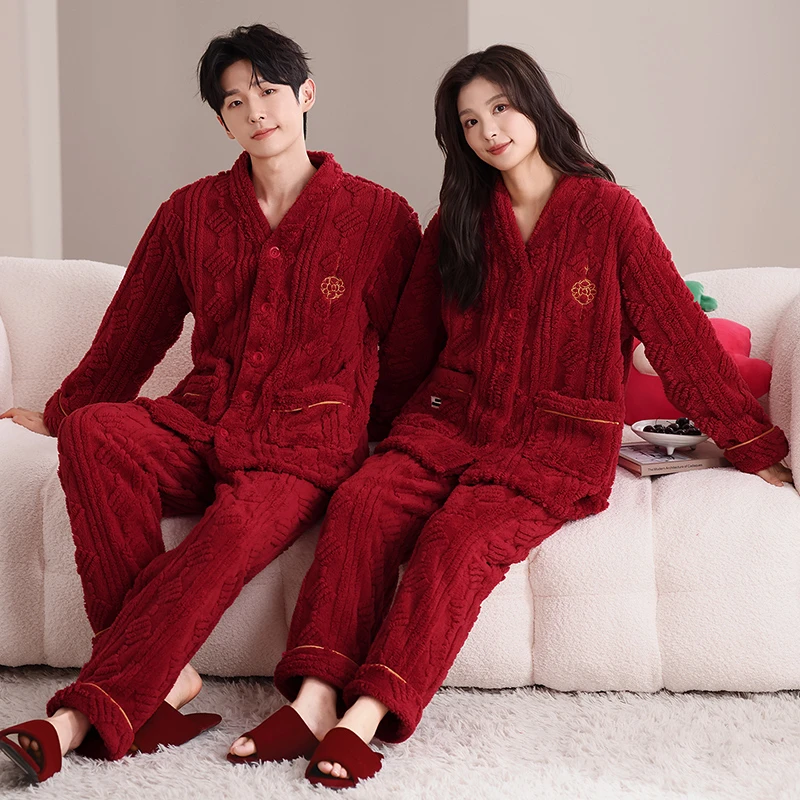 【赠礼袋】陪嫁红色情侣睡衣秋冬加厚法兰绒保暖加绒喜庆珊瑚绒套装