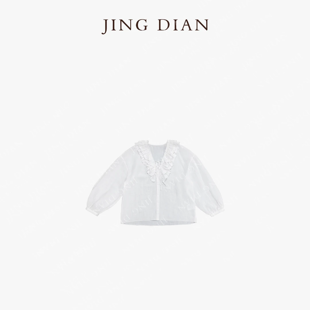 【JING DIAN】小众定制款白色花边V领麻料绑带衬衫