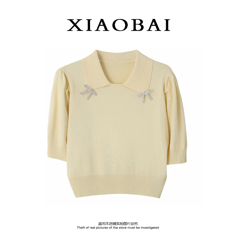 XIAOBAI 多巴胺薄款翻领针织衫夏季小众时尚设计款慵懒风短款短袖