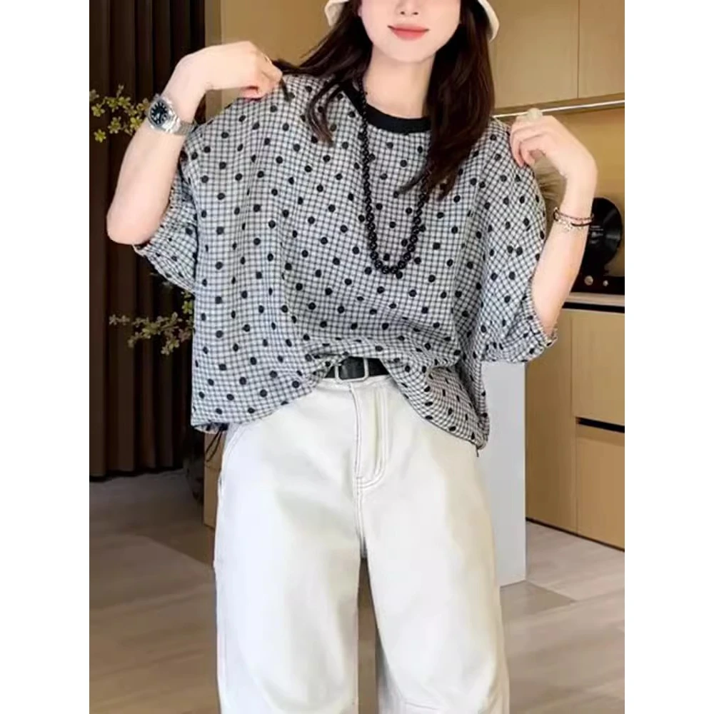 2024年夏季新款韩系复古洋气波点印花T恤女简约宽松圆领