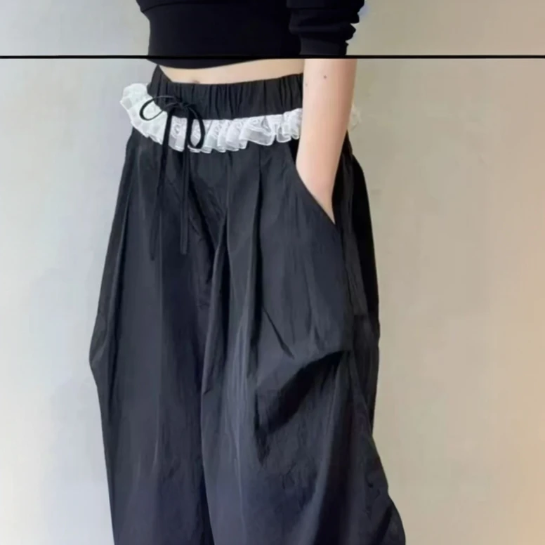 黑色度假中大童蕾丝花边拼接美式裤子直筒中大童9-15岁女潮裤宽松