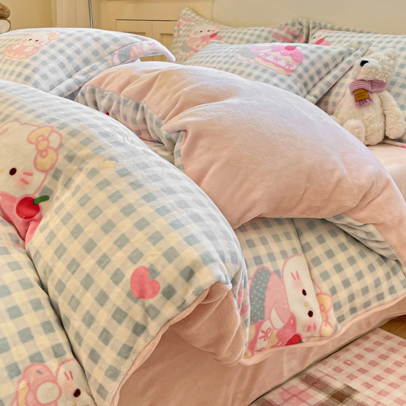 蓝格猫咪珊瑚绒牛奶绒床品四件套冬季加厚保暖法兰绒被套床单被罩