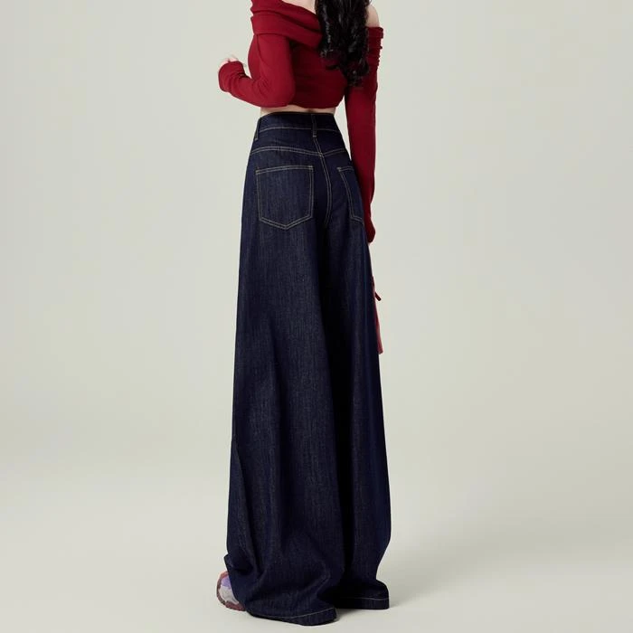 复古设计感深蓝大阔腿牛仔裤女春夏潮流新款垂感高腰宽松垂感拖地