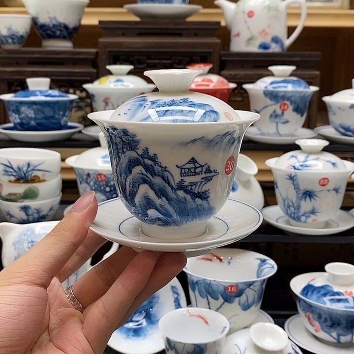 手绘山水160盖碗釉下彩高温瓷微瑕福利款