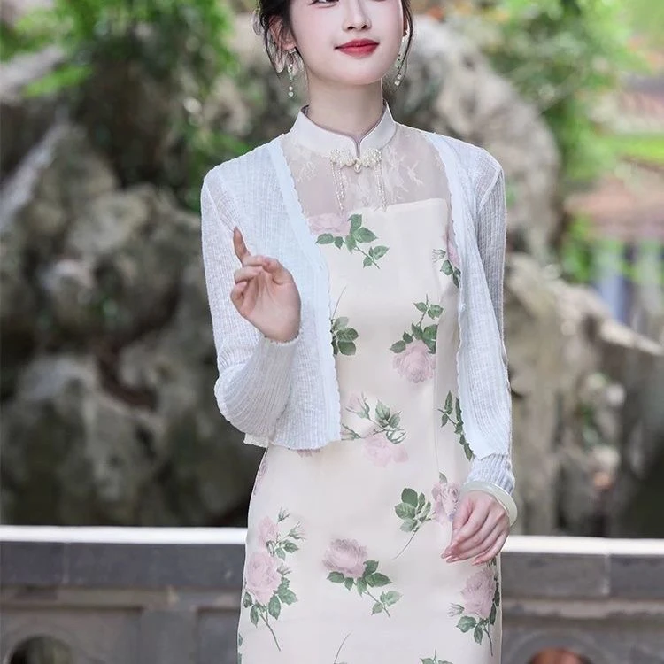 复古风日常花色立领短袖印花旗袍秋冬夏季提花复古领口拼接