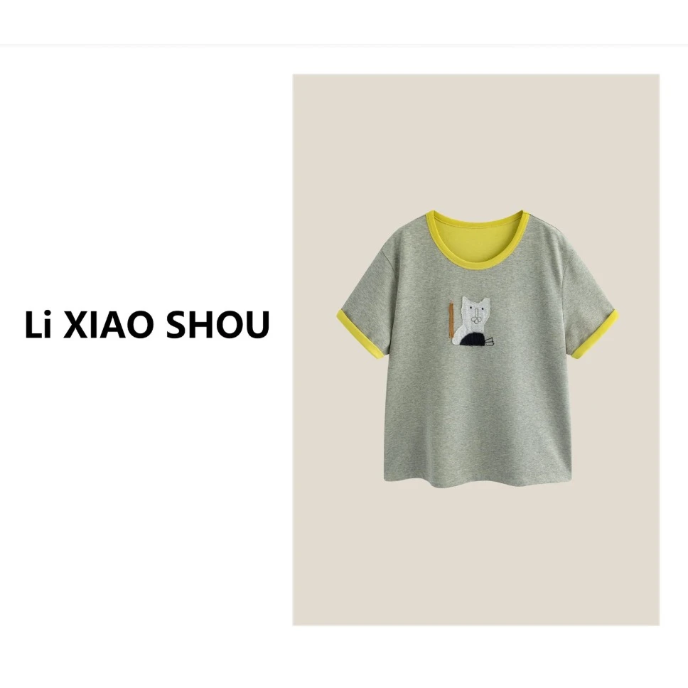 【李小瘦大码女装】短袖时尚女士卡通圆领百搭纯色高级T恤725D