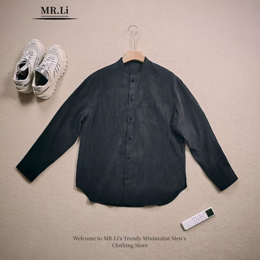 春夏薄款长袖高级感中式男士休闲黑色圆领时尚外搭宽松衬衫9002