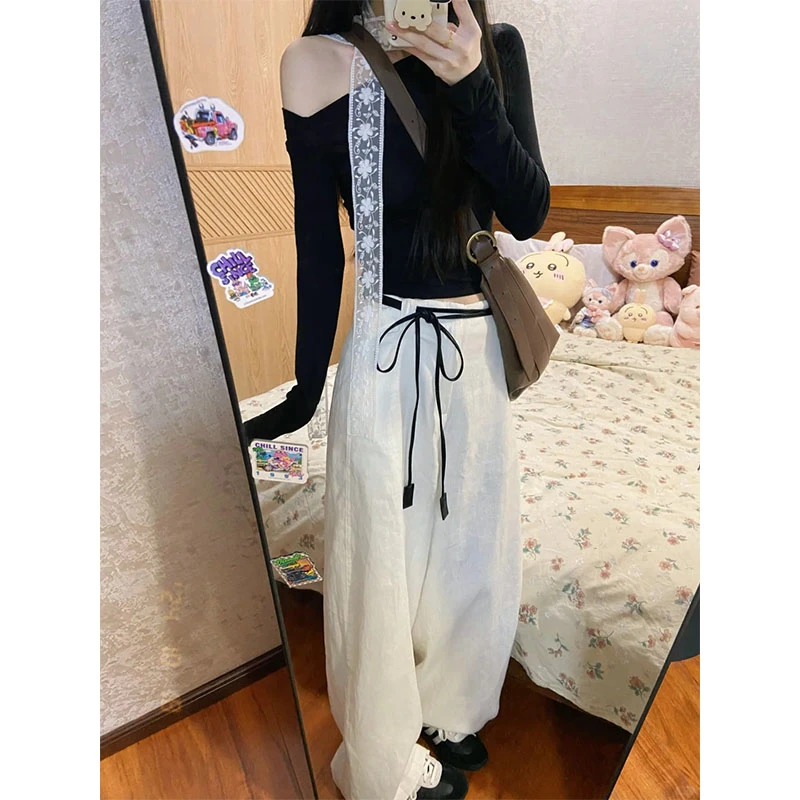 轻熟风性感辣妹百搭黑色长袖T恤上衣高腰直筒休闲宽松垂感阔腿裤