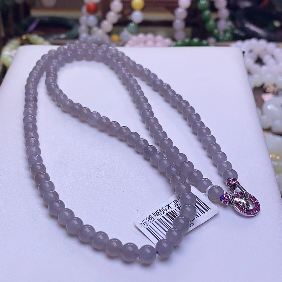 颈饰未镶嵌和田玉收藏级烟紫葡萄紫高冰珠链6m