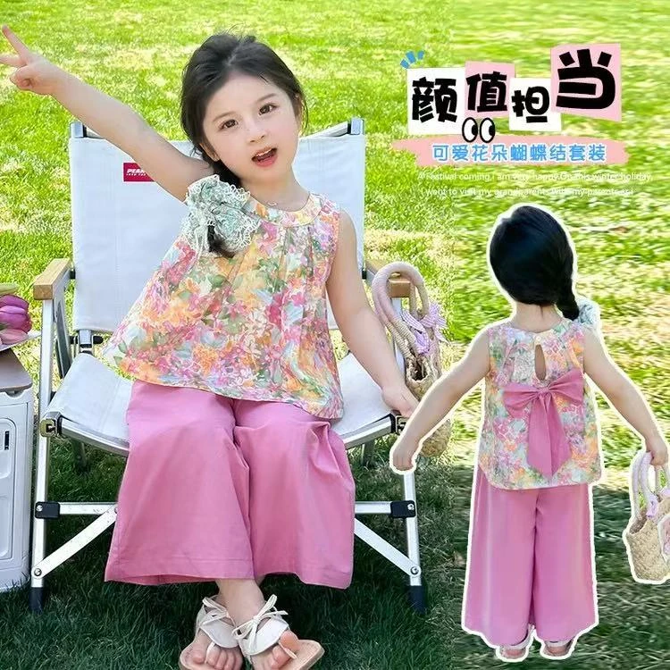 蝴蝶结碎花薄款女大童汉服夏季人造棉女童套装网红