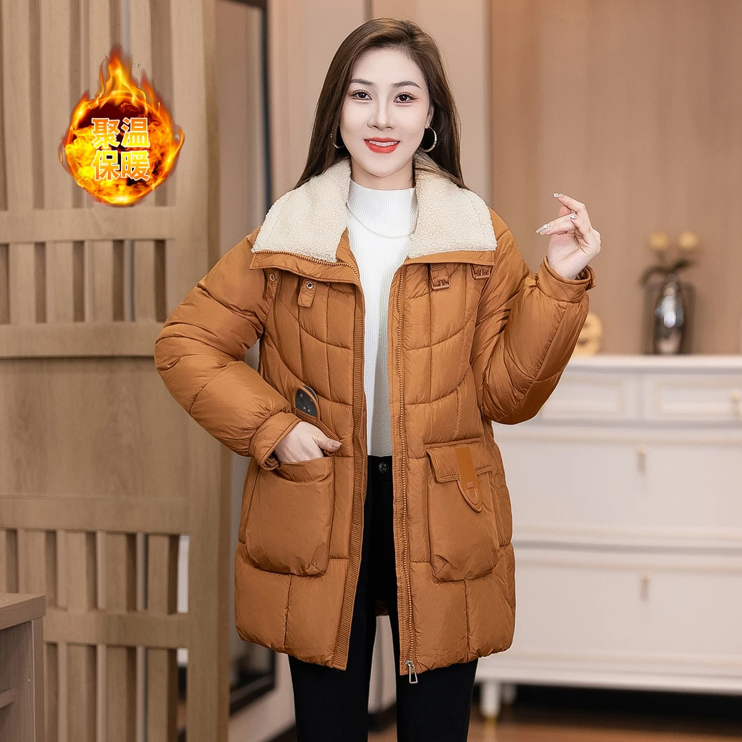 时尚妈妈装羊羔毛拼接羽绒棉服中长款2025新款冬季休闲保暖外套女