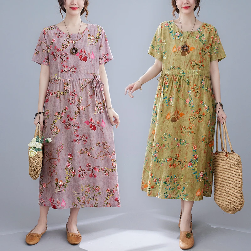 民族风棉麻连衣裙宽松大码夏季系带收腰显瘦碎花大摆轻薄文艺长裙