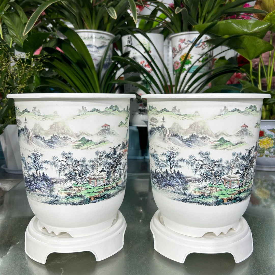 2个装+托高档白色山水图树脂花盆【口径20高24厘米】