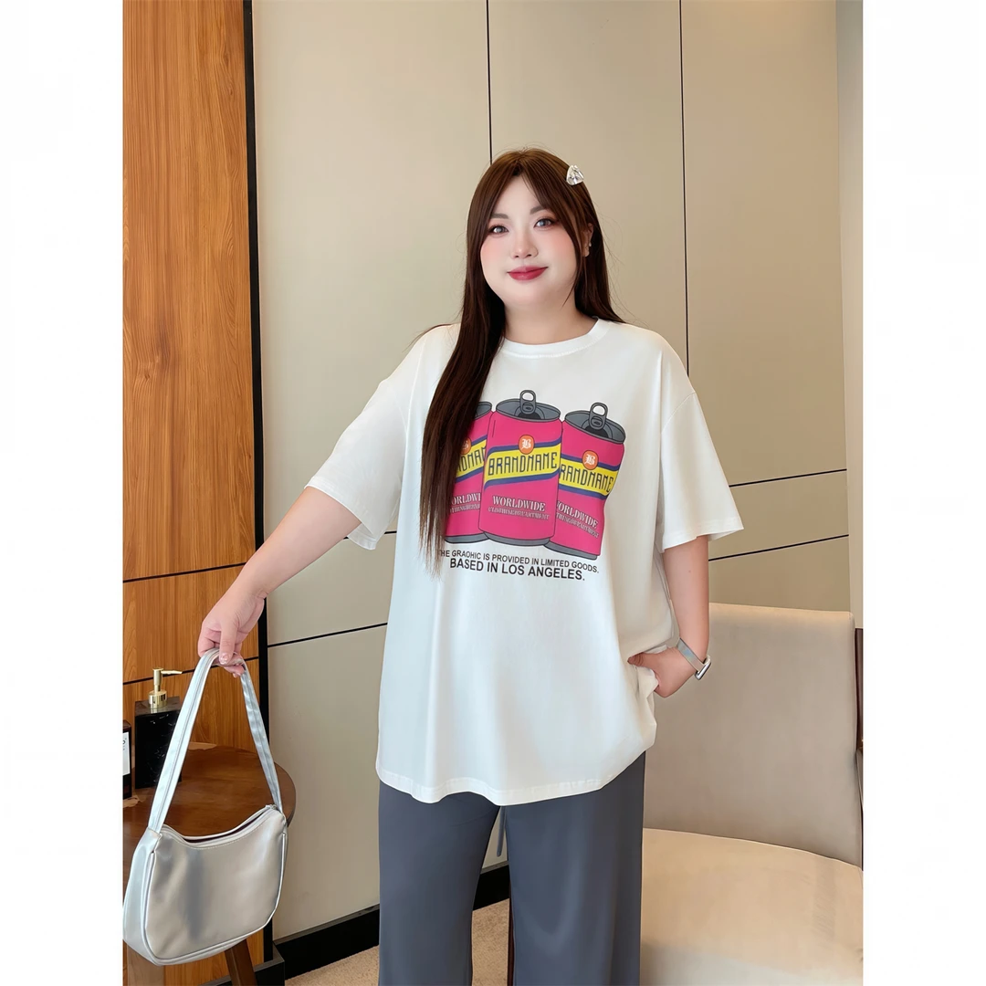 大码女装夏季简约洋气百搭花契200斤胖mm韩风冰瓷棉印花T恤4326