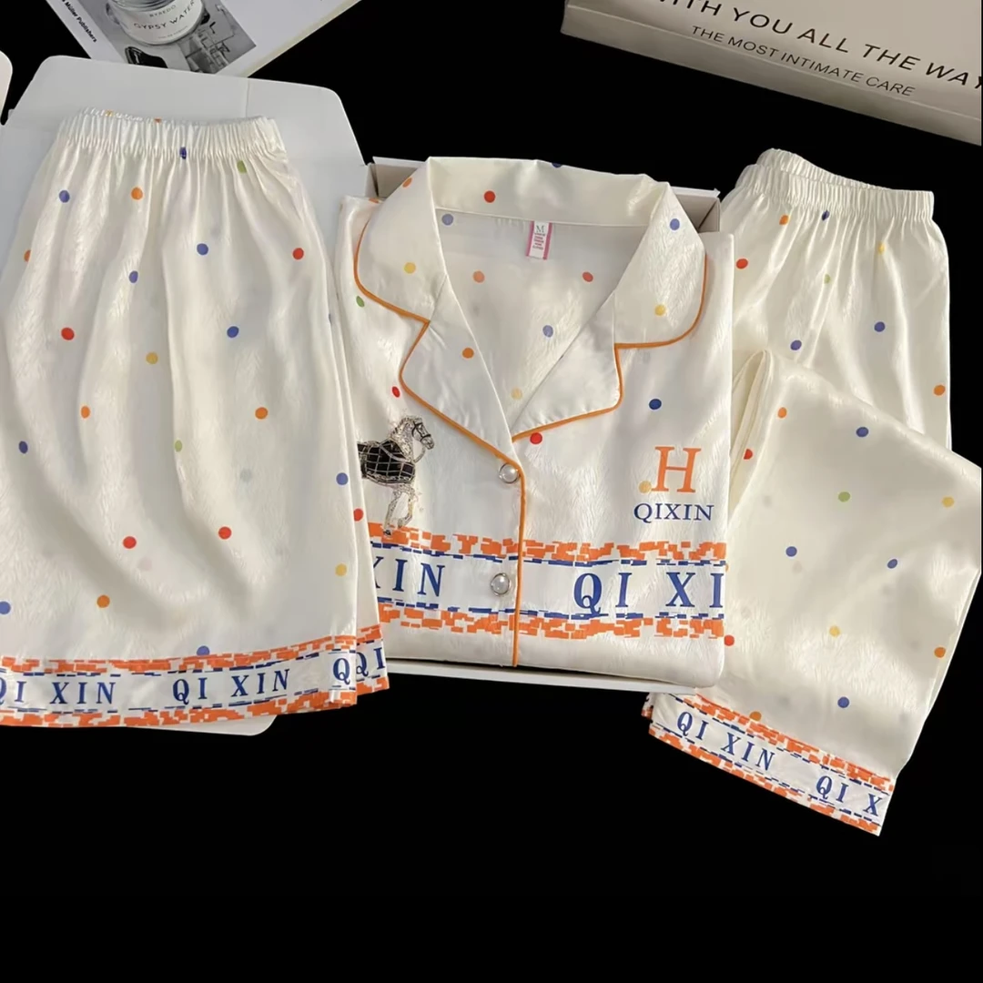 薄款短袖三件套夏季睡衣宽松家居服轻奢套装甜美高级