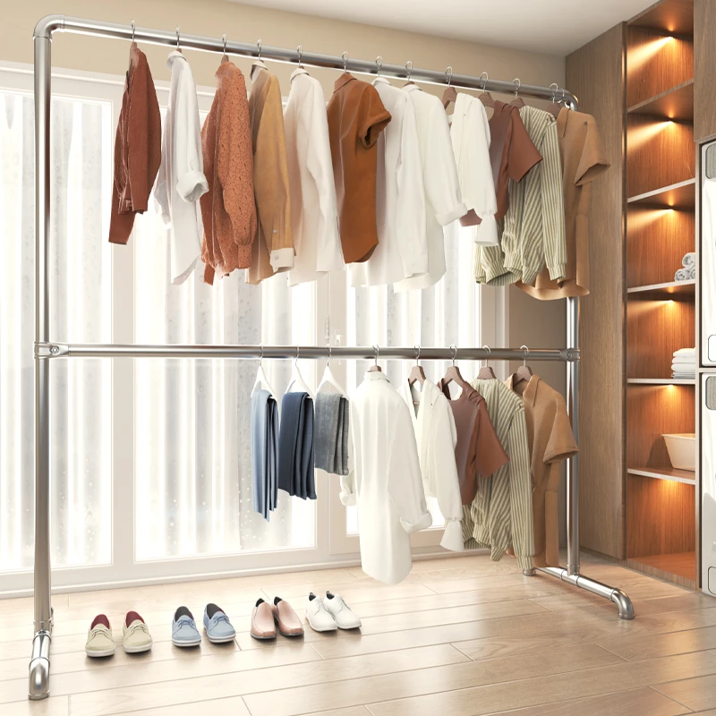 晾衣架落地阳台简易挂衣架双层特厚家用晒衣架立式晾衣服晒被子架