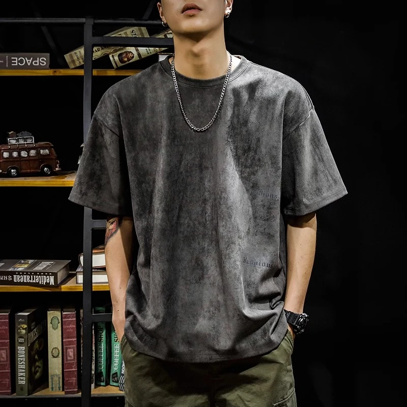 美式复古重磅250g麂皮绒短袖t恤男士夏季宽松大码半袖体恤上衣潮T