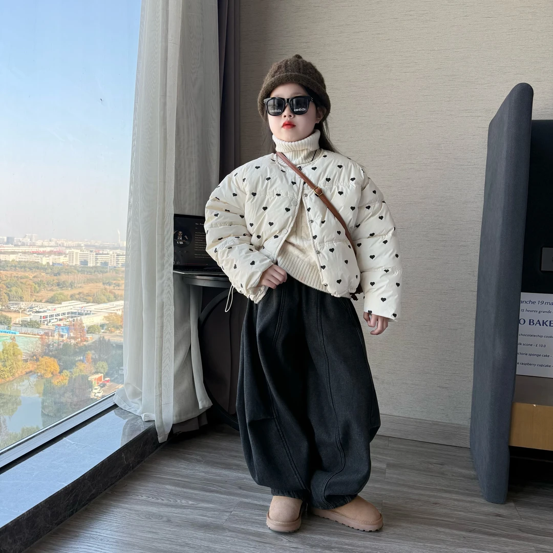 儿童冬季潮酷加绒牛仔灯笼裤套装女童冬季时尚保暖洋气棉衣两件套