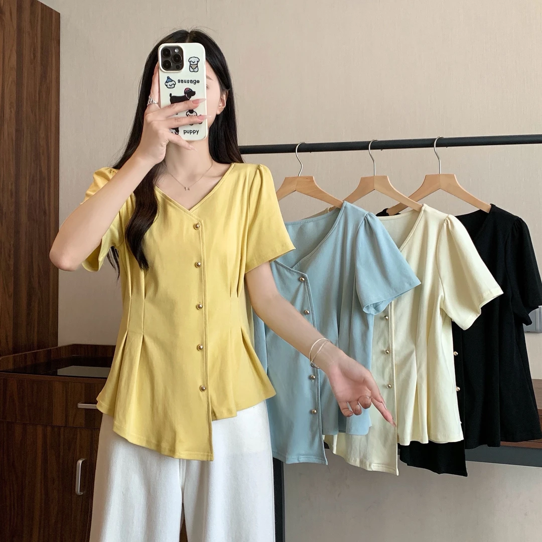 大码女装夏日新款捏褶收腰显瘦正肩上衣女微胖mm遮肉百搭V领衬衫