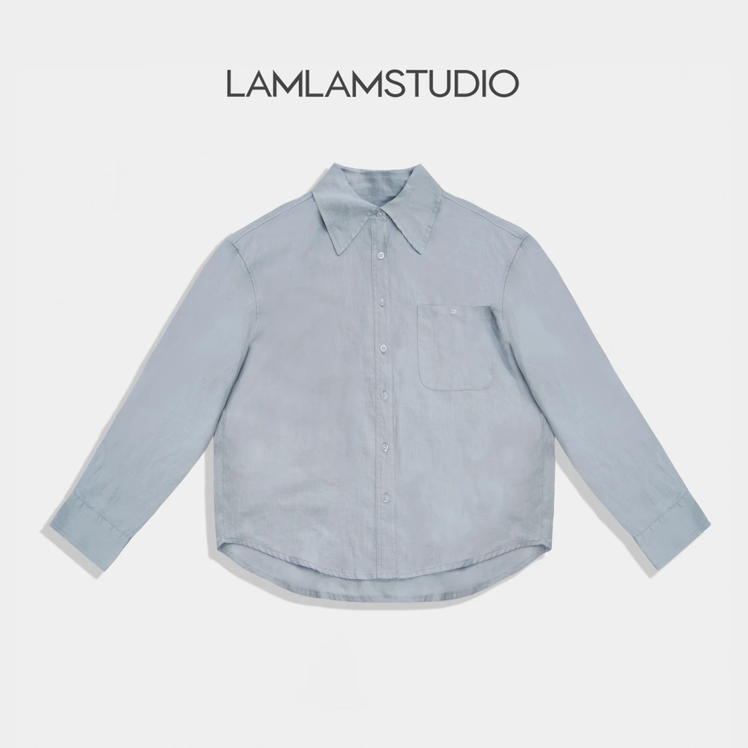 LAMLAM 张一琳”日奢蓝麻“蓝色翻领衬衫长袖时尚春秋衬衣女薄款