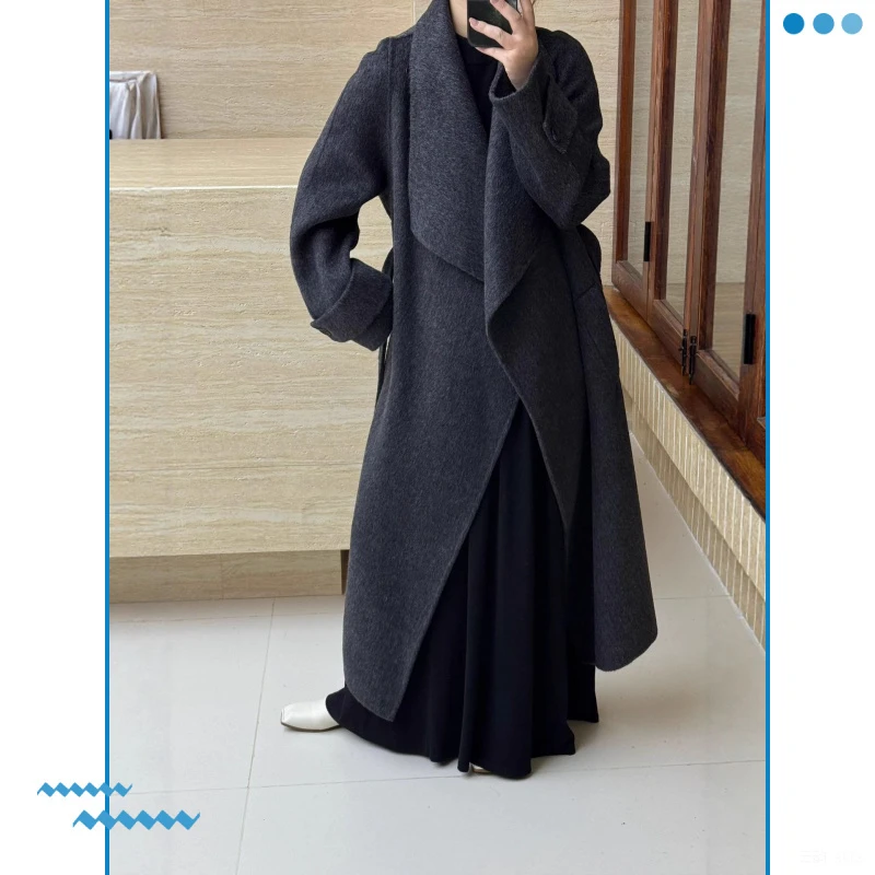 秋冬新款翻领设计双面羊毛大衣女赫本加长款显瘦羊毛外套中长款