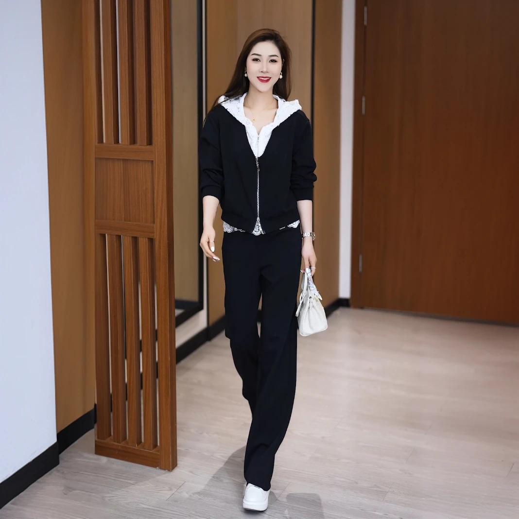 慵懒风休闲运动套装女春季新款洋气蕾丝拼接连帽卫衣阔腿裤两件套