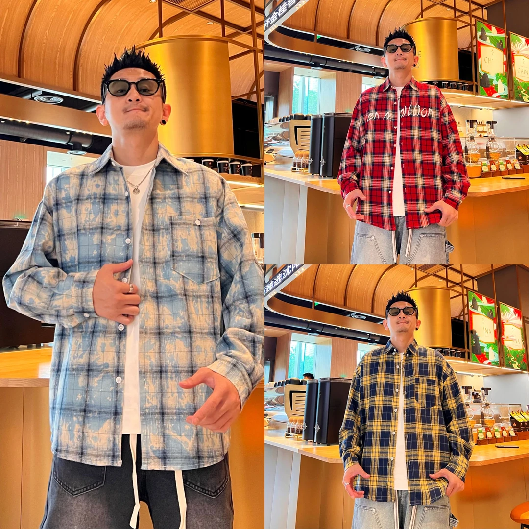 美式休闲复古经典撞色格子潮流时尚情侣同款宽松百搭长袖翻领衬衫